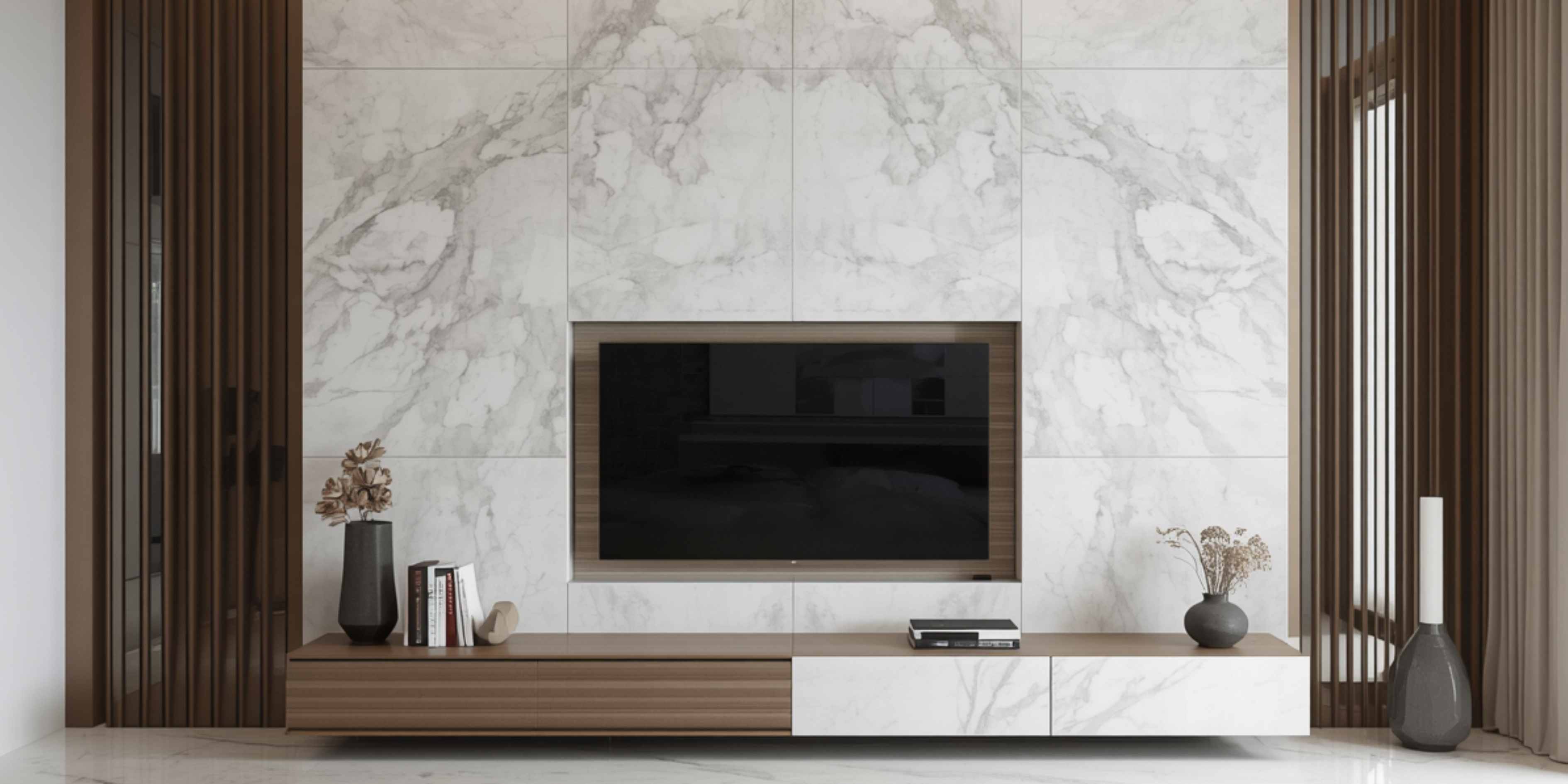 Large format 6mm sintered stone feature wall cladding in a Malaysian bungalow.