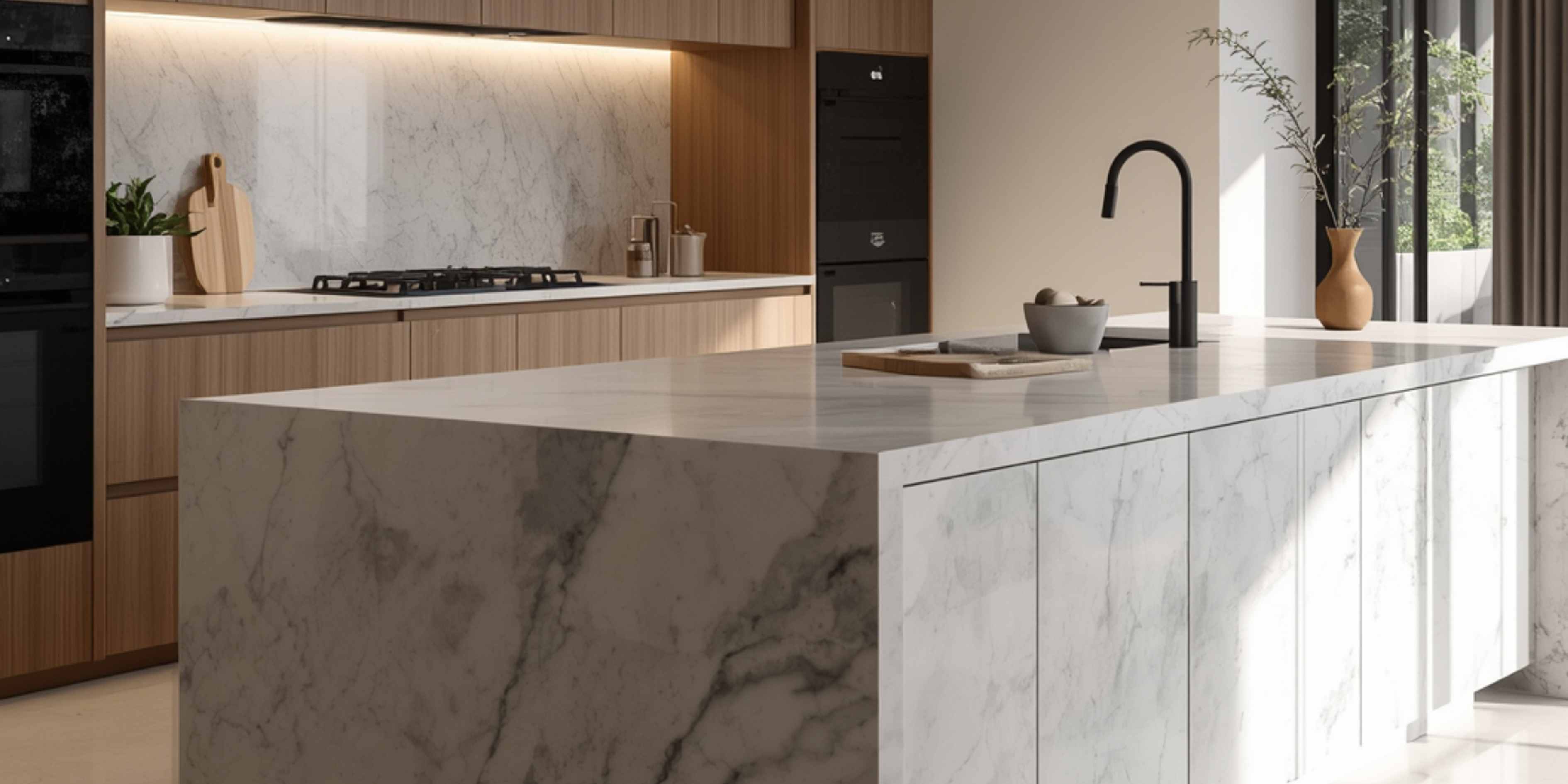 Sintered stone kitchen island countertop with a substantial edge profile