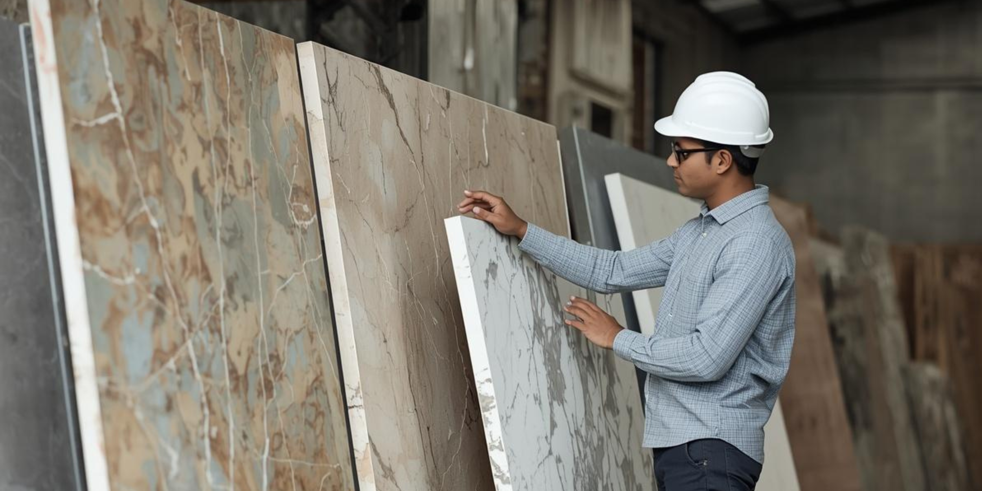 Professional stone supplier Malaysia warehouse showing large quartz and marble slabs for commercial projects.